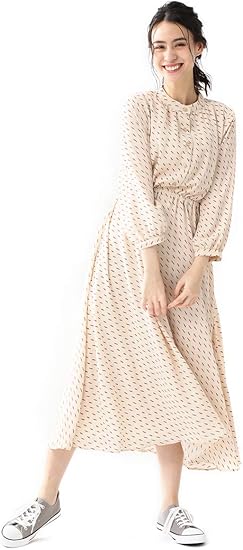 Amazon ワンピース ハイネック 立ち襟 花柄 8分袖 春 ロング 柄 Honeys ハニーズ ハイネックワンピース ベージュ アカ ｓ ワンピース チュニック 通販