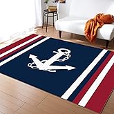Savannan Rectangle Indoor Area Rugs, Nautical Anchor Red White Stripes Navy Blue Non-Slip Accent Rug for Living Room Bedroom 