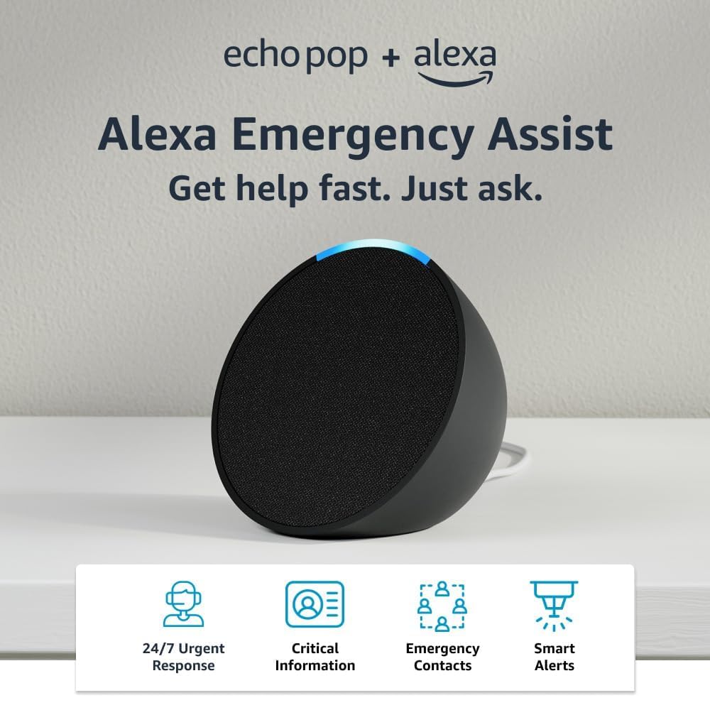 Echo Pop (newest model), Charcoal, bundle with Alexa Emergency Assist (monthly auto-renewal subscription) Image