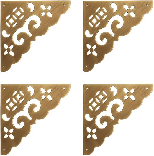 Tiazza 4Pcs 4"/10.3cm Large Size Antique Brass Hollow Pattern Corner