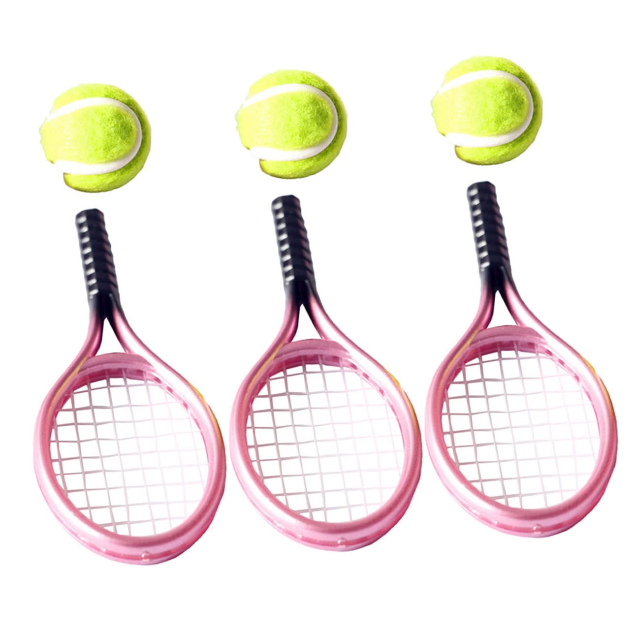 STOBOK Mini Tennis Racket Model Set of 3 Miniature Sports Accessories for Dollhouse Decor and Toy Collection Tiny Tennis Rackets for Home or Office Display