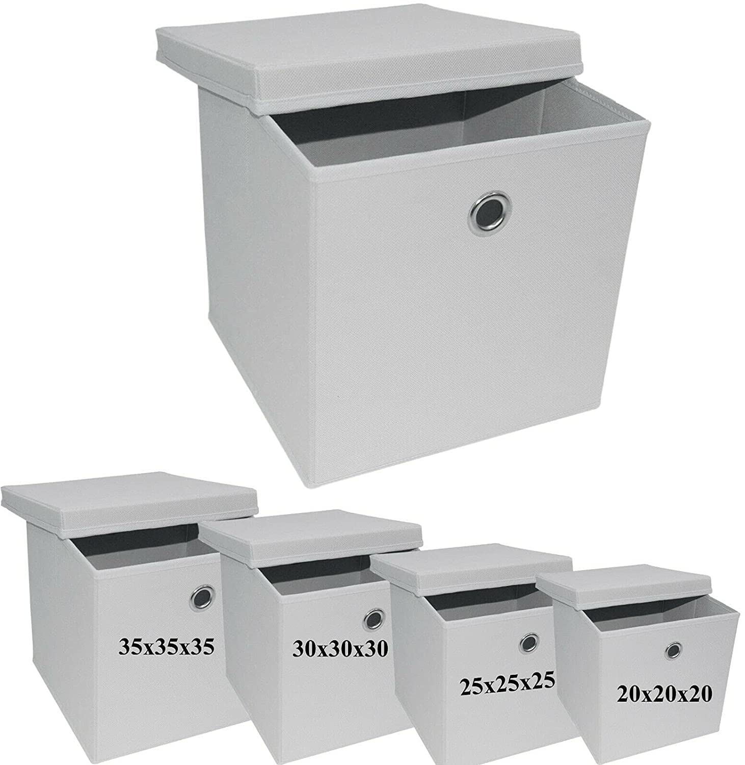 A406 2x Foldable Storage Boxes with Lid Storage Basket with Lid Fabric Cubes with Handles Collapsible Fabric Organiser Clothes Storage Box (Large-30x30x30cm, White)