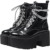 CYNLLIO Platform Ankle Boots for Women Combat Chunky Wedge Heel Boots Rave Goth Lace Up & Zipper Booties Punk Chain Shoes for Festival Concert Cosplay Party