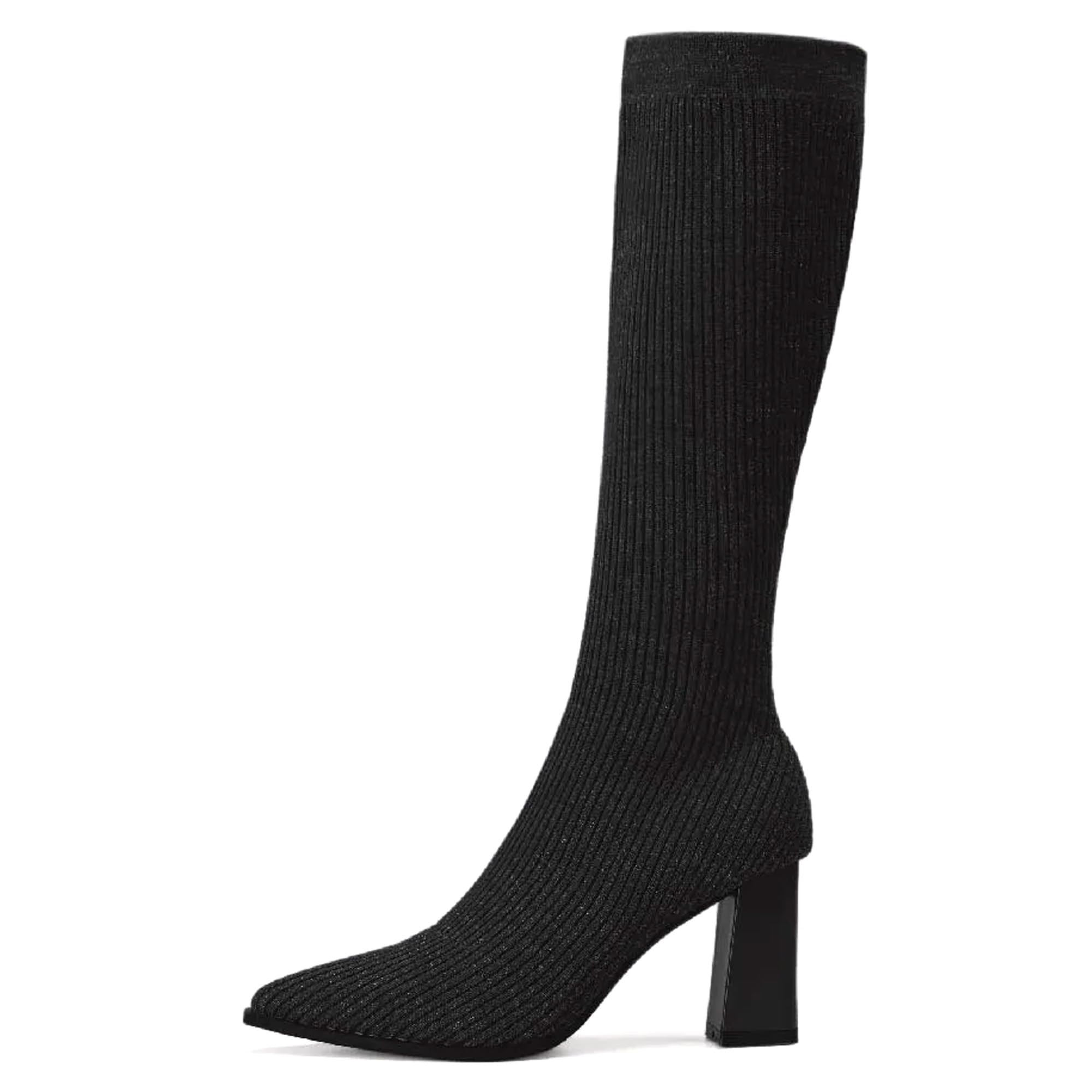 Photo 1 of NEWBELLA MOUSSE FIT Women's Knit Comfort Chunky Heeled High Boots Minimalist Style Knit Upper Rubber Sole Shoes Black