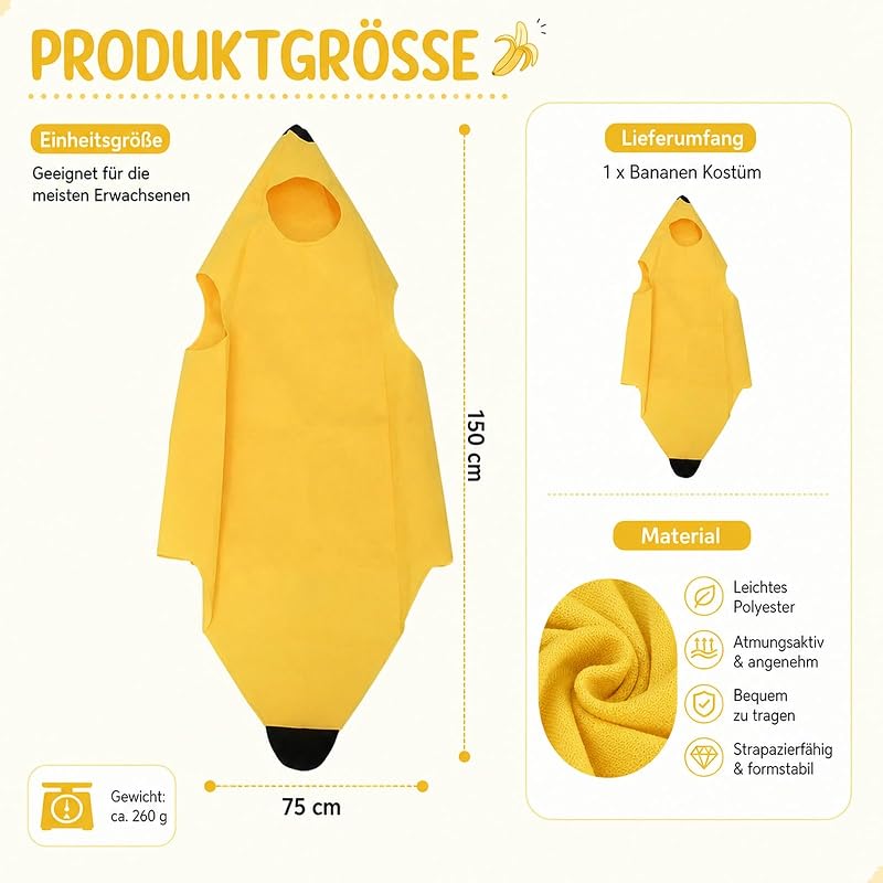 Bananen Kostüm, Bananenkostüm, Obst Kostüm, Lustiges Bananenkostüm für Erwachsene, Herren und Damen, Einteiliges Design für Karneval, Halloween, Party und Cosplay, Perfekte Geschenkidee