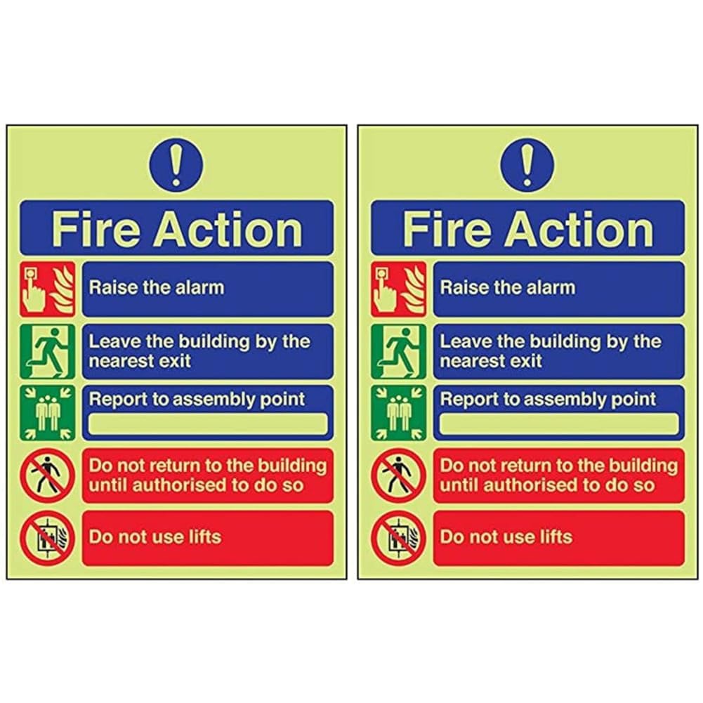 VSafety Glow In The Dark General Fire Action 5 Message Sign - 150mm x 200mm - Rigid Plastic (Pack of 2)