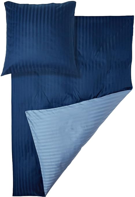 Meradiso® Luxus-Satin-Wendebettwäsche (100% Baumwolle) mit Damast Streifen (155 x 220 cm, hellblau/dunkelblau)