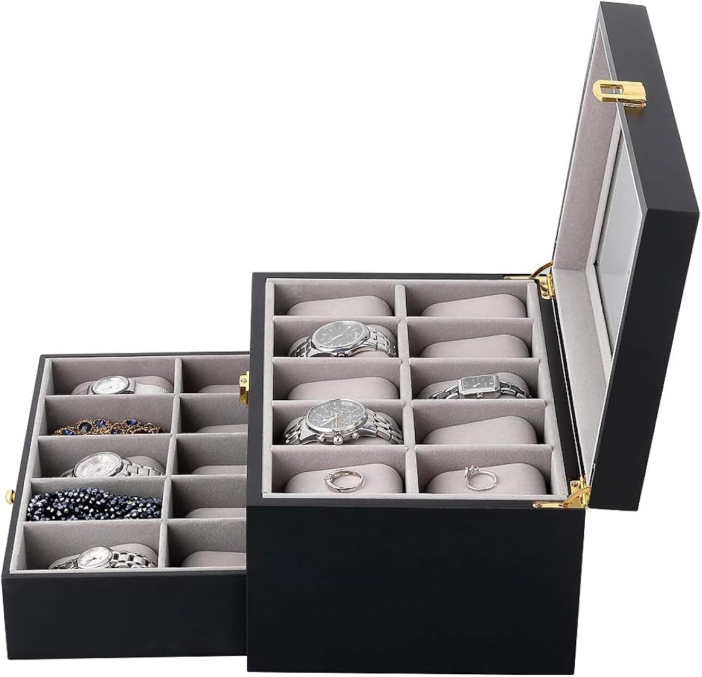 Uten Watch Box 20 Slots, 2-Tier Wood Watch Case with Glass Lid - Image 5