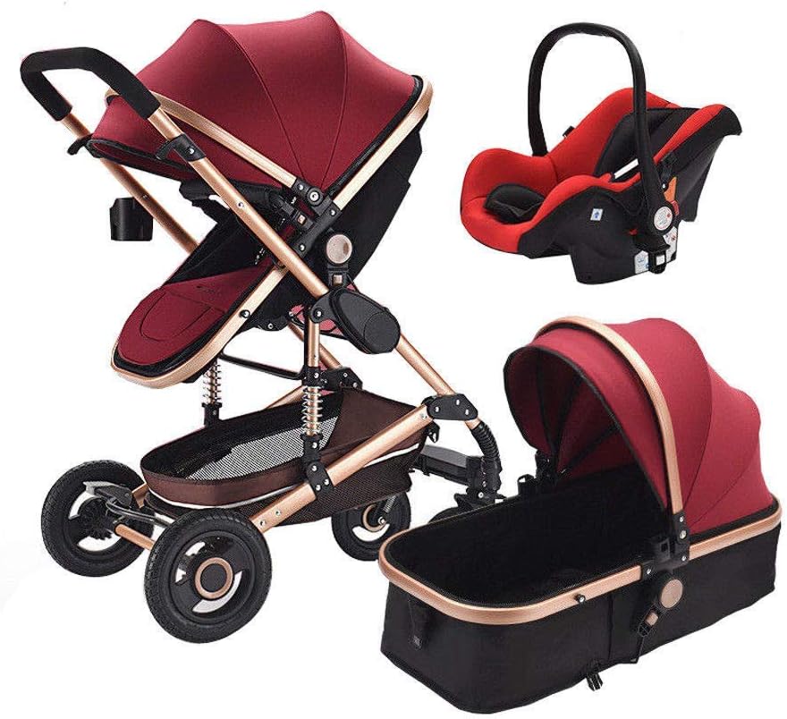 SSXZ Lightweight Stroller, High Landscape 3 in 1 Baby Carriage Travel System Two-Way Four-Wheel Shock Absorber Folding Pushchair Red