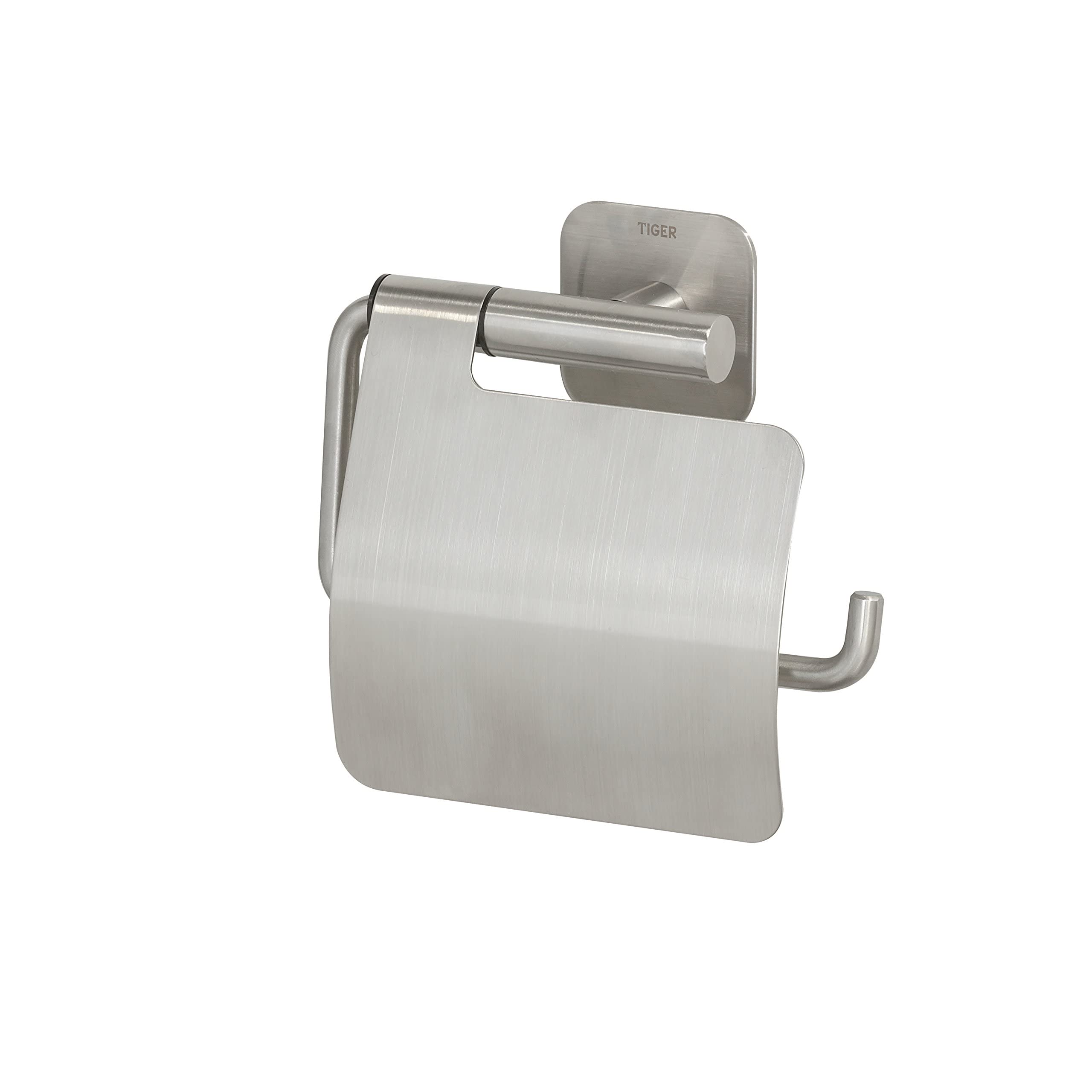 Tiger Colar Toilet Roll Holder with Cover, Stainless Steel Brushed, 14.6x13.3x3.5 cm