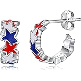 Silver USA American Flag Earrings - Patriotic Star Ears Stud Fourth of July Windmills Independence Day Hoop Jewelry Gift for Women Veterans