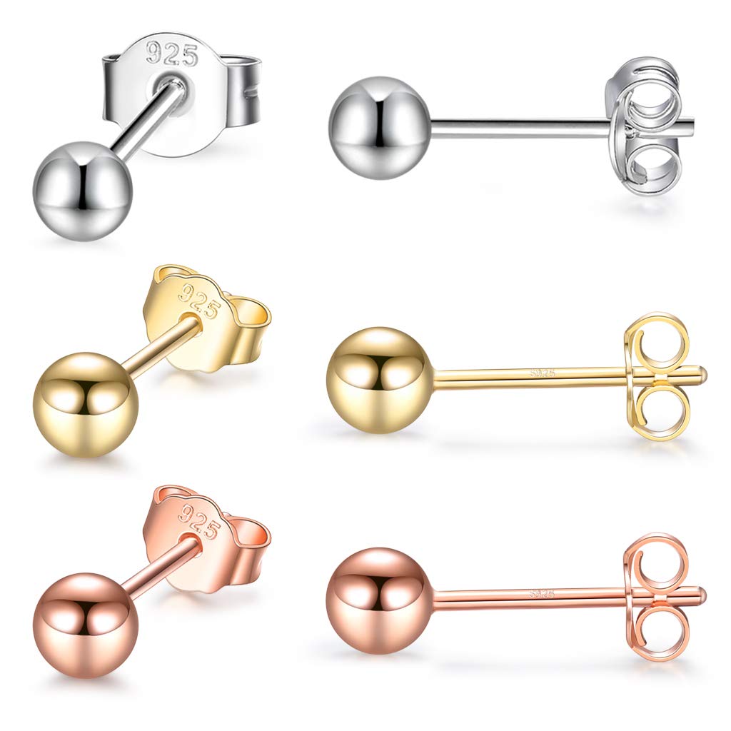 CERSLIMO Silver Stud Earrings for Women Men Girls, 3 Pairs Sterling Silver Tiny Ball Stud Earrings Small Dot Studs Dainty Cartilage Tragus Sleeper Earrings Set (4mm, Silver/Gold/Rose Gold)