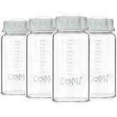 COMI Natural Glass Baby Bottle,Standard Neck Breastmilk Storage Bottle for Fridge,Breast Milk Container,Breast Pump Bottle Compatible with Medela Breast Pump,BPA Free,4PCS (5oz,4 Gray Lids)