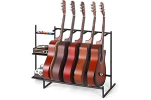 VRISA Guitar Stand, Guitar Rack for Multiple Guitars, Acoustic Electric Bass Guitar Holder, 5 Slot Guitar Stands Floor with Side Shelves for Record Player, Home Music Studio Display, Protective Foam, Black