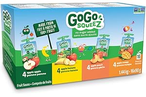 GoGo squeeZ Fruit Sauce Variety Pack, Apple, Banana, Peach, Mango, No Sugar Added. 90g per pouch, Pack of 16
