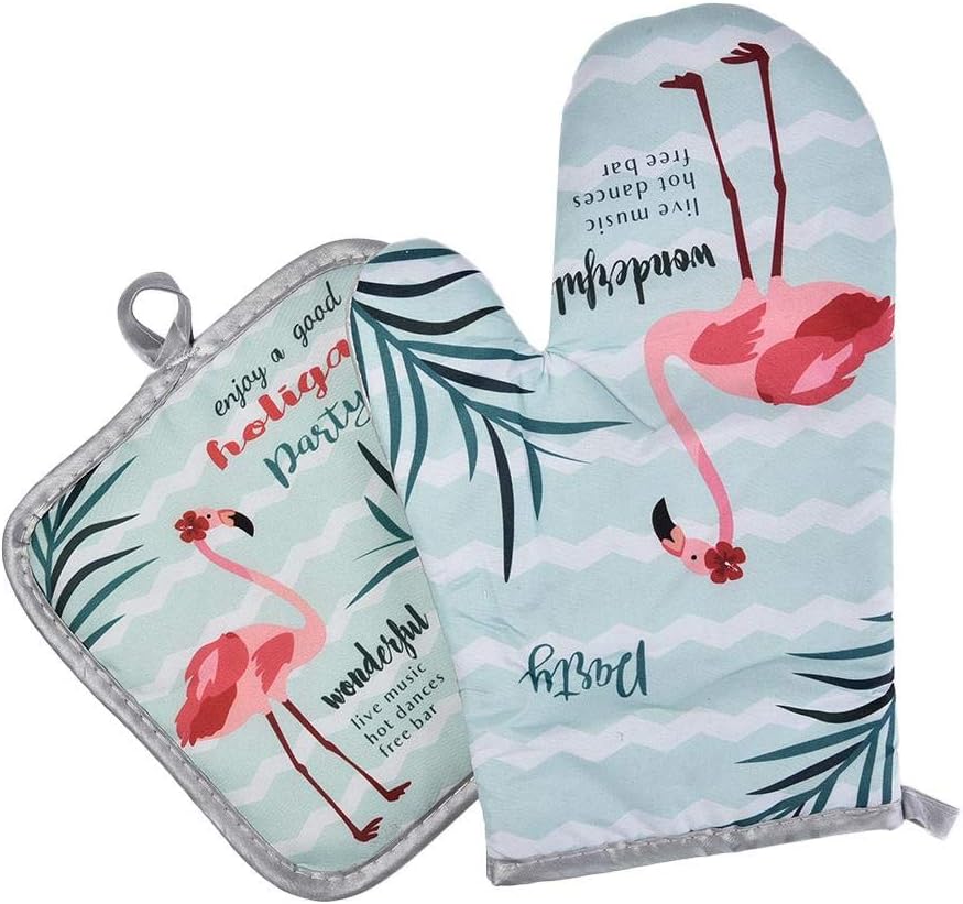 SmallPocket Oven Gloves Heat Resistant Black Double Kitchen Flamingo Pattern Oven Mitts Heat Resistant Non Slip Oven Mitts For Kitchen, Cooking, Baking, BBQ, 4 Kiinds Of Flamingo Patterns 28×17cm