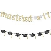 ANFEST Mastered It Banner, No DIY Masters Graduation Graduation Party Decorations, Congrats Grad Decoration Sign with Glitter Letter, Backdrop for High School Masters Party Gold Letters