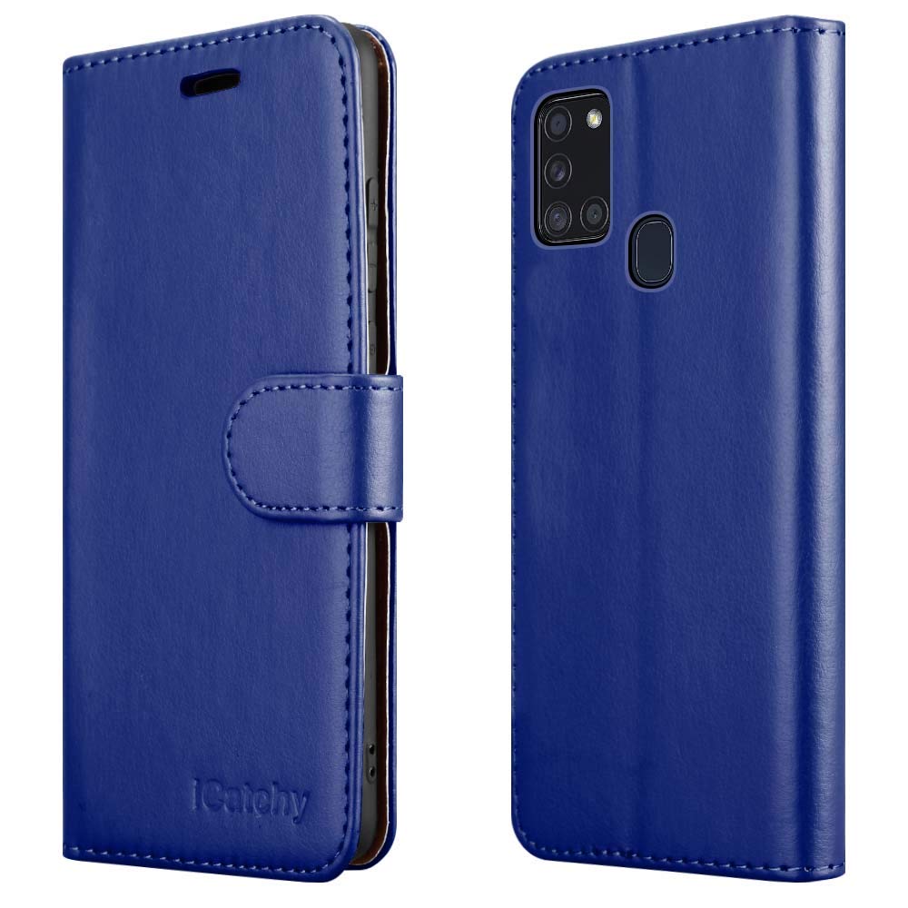 iCatchy For Samsung Galaxy A21s Case Leather Wallet Book Flip Folio Stand View Cover compatible with Samsung Galaxy A21s (6.5") Phone Case (Blue)