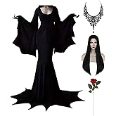 Halloween Morticia Addams Costumes Vintage Gothic Black Long Dress Outfit Women Wig Red Roses Flowers Necklace