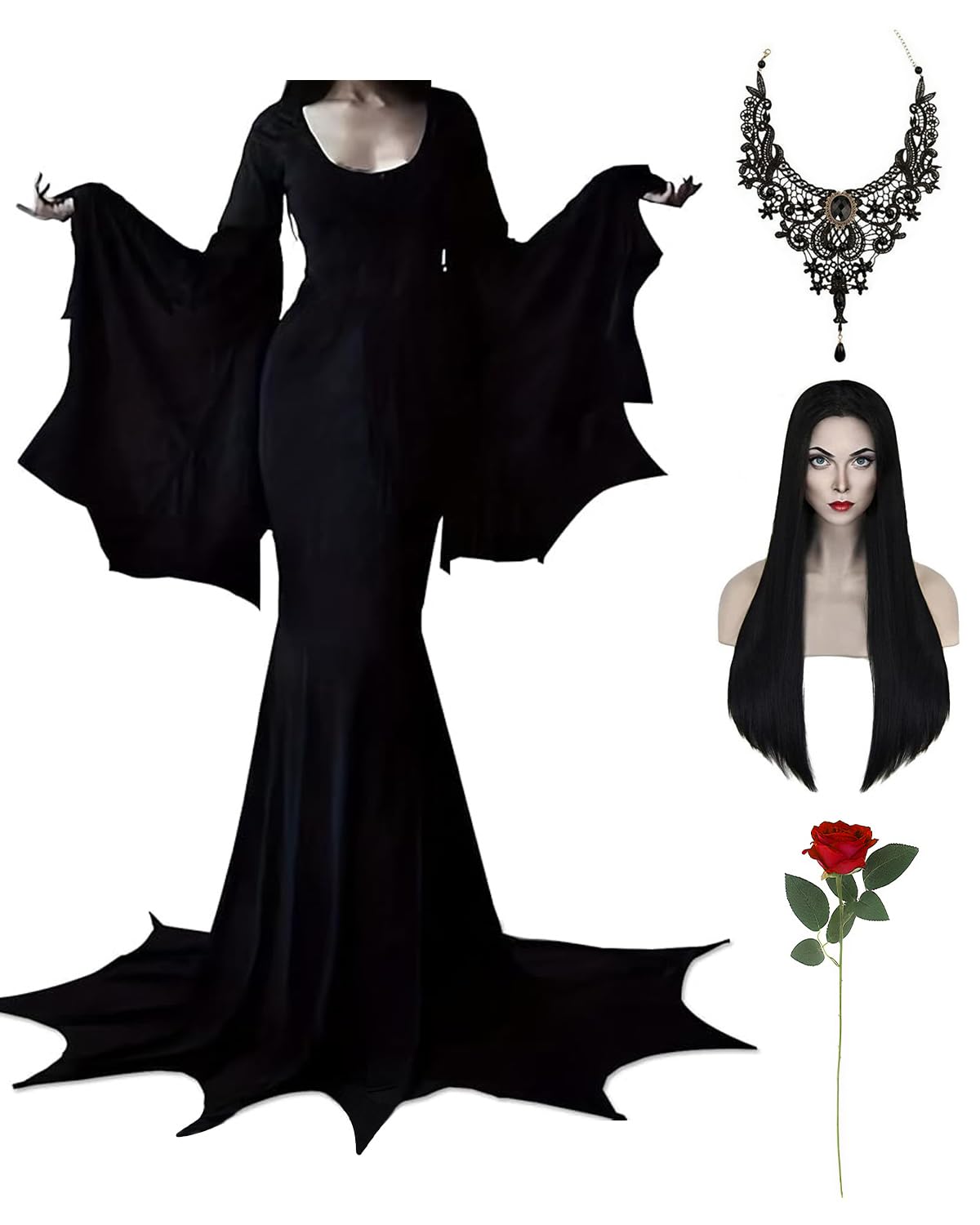 Photo 1 of Halloween Morticia Addams Costumes Vintage Gothic Black Long Dress Outfit Women Wig Red Roses Flowers Necklace