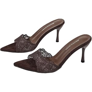 BEAUDRM Women's Mesh Lace Kitten Heels Pointed Wedding Guest Party Bridal S | Open Toe Slip On Shoes,Lace Heels,Mesh Heels fo