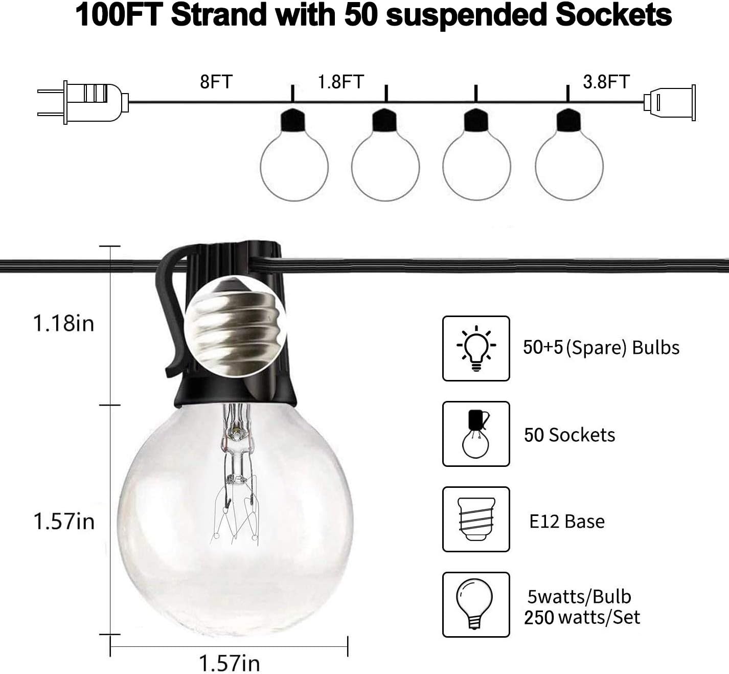Outdoor String Lights, Yuusei 100Ft G40 Patio Lights with 55 5W Clear Globe Bulbs (5 Spare), IP44 Waterproof Backyard String Light with E12 Socket Base, for Balcony Porch Deck, UL Listed - - 