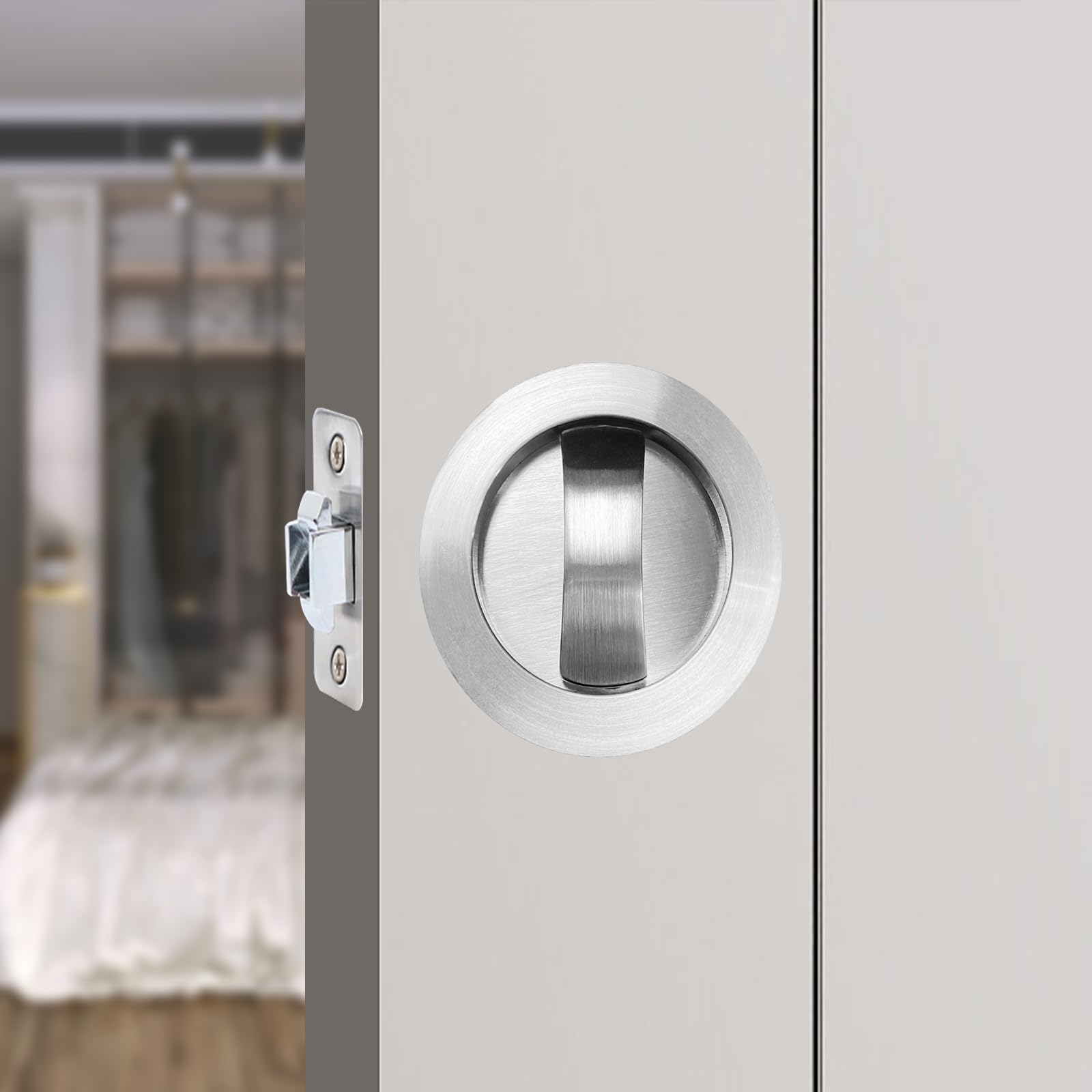 Hoconnie Pocket Door Lock Privacy Pocket Door Handle Sliding Door Lock Invisible Recessed Door Handle 66mm No Key (Silver, Circular)