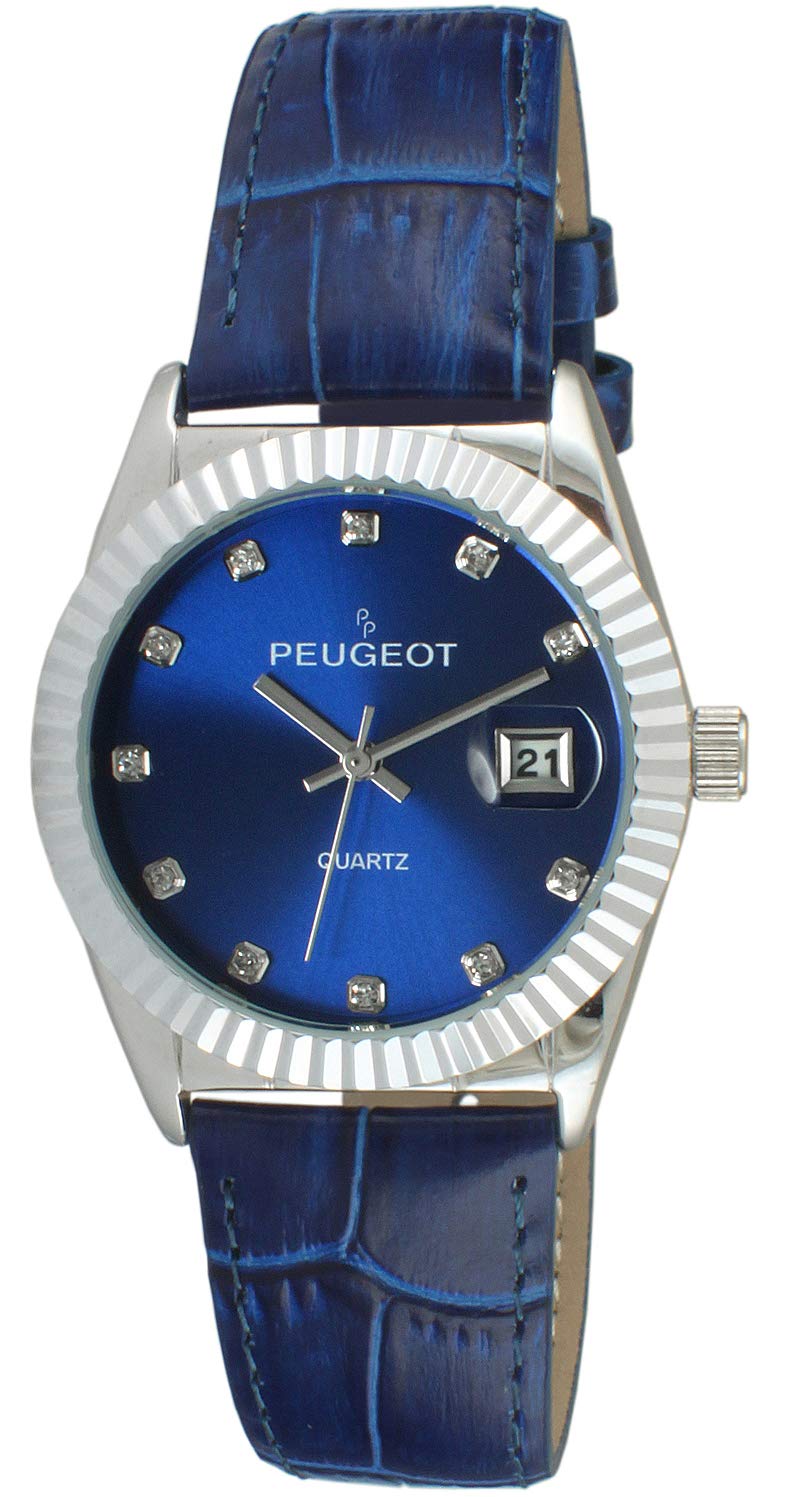 Peugeot Women's Dress Quartz Watch with Coin Edge Bezel, Date Window & Leather Band, Blue, Classic