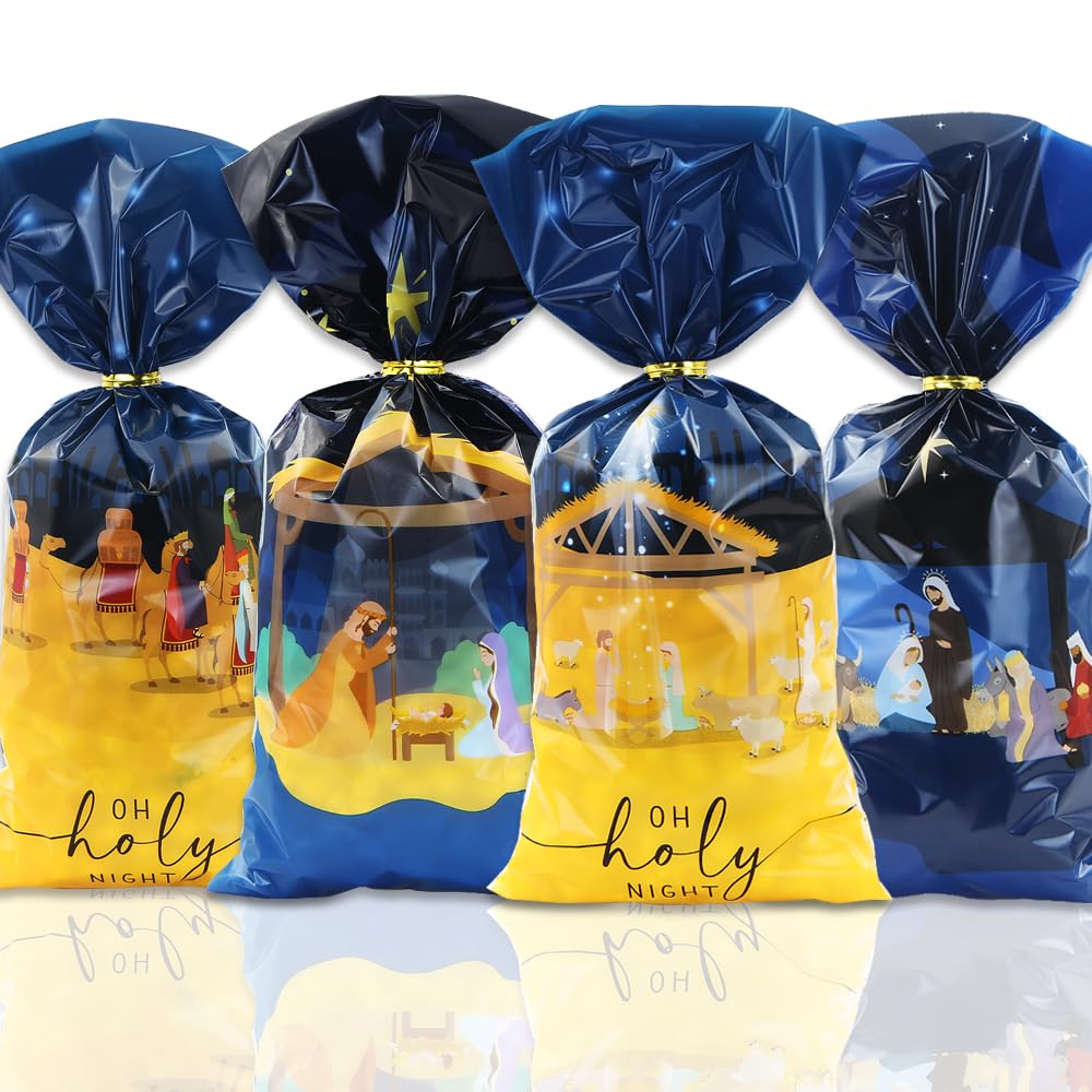 Photo 1 of 100 Pack Holy Cellophane Gift Bags, 4 Religious Christmas Designs - Plastic Treat Bags with Ties for Holy Nativity Party