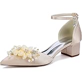 YLFYWON Women's Closed Toe Block Heels Ankle Strap Low-Chunk Heel Floral Satin Bridal Shoes Pumps