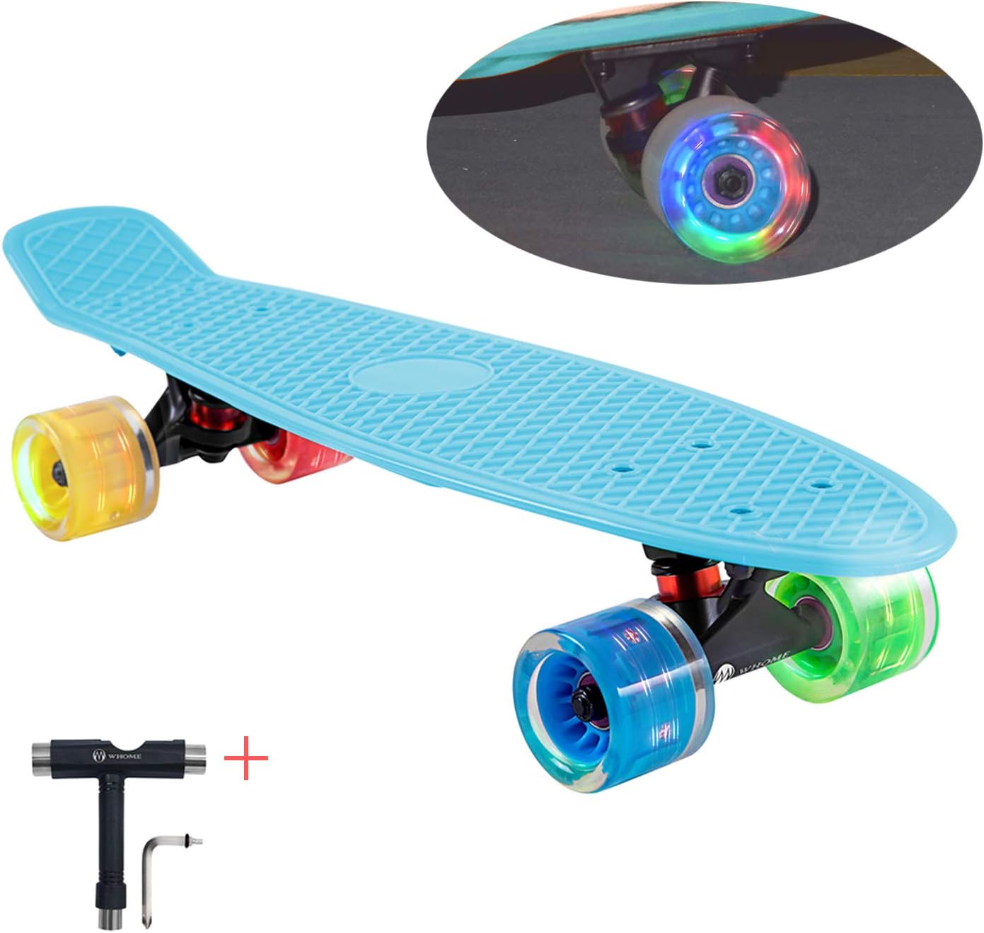 WHOME LED Wheel Skateboard Complete for Adults and Beginners - 22 Inch Cruiser Skateboard with 60x45mm LED Light Up Wheels for Cruising Commuting Rolling Around T-Tool Inclued