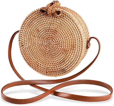 Women's Round Handwoven Rattan Bag Small Straw Tote Handbag Summer Beach Sea Shoulder Bags for Women