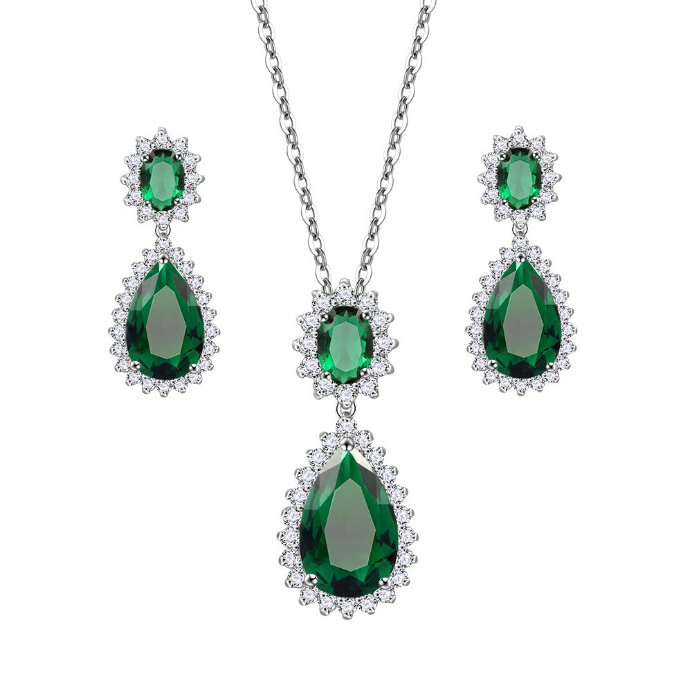 Lavencious Teardrop Dangle Necklace & Earring Sets for Women Trendy AAA Cubic Zirconia for Women (Green)