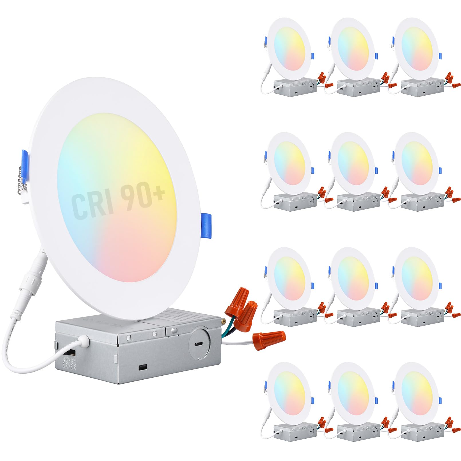 TORCHSTAR Basic Series 12-Pack 5CCT 6 Inch Ultra-Thin LED Recessed Lighting with J Box, CRI90, Aluminum, 2700K3000K3500K4000K5000K, 5%-100% Dimmable Slim Recessed Downlight, 12W 1100LM, ETL & ES Image