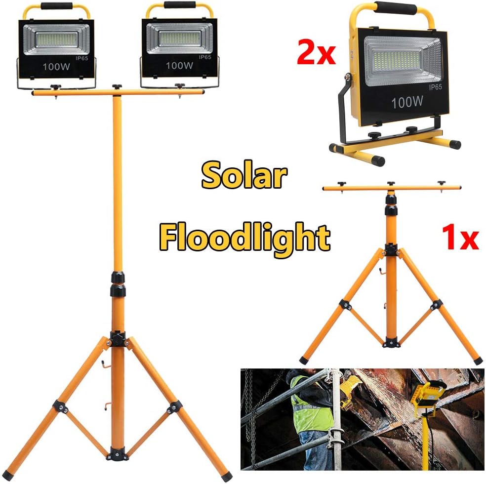 100W 10000lm Super Bright Floodlight Solar Automatic + AC Power Charging Rechargeable Outdoor Work Site Light (2Pcs), with Portable Tripod Stand Telescopic