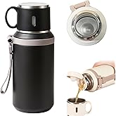 2 In 1 Stainless Steel Vacuum Insulated Bottle With Lidded Cup, 316 Stainless Steel Vacuum Insulated Bottle, 600/800ML Portable Leakproof Large Capacity Coffee Bottles (Black, 600ML (20.3 fl oz))