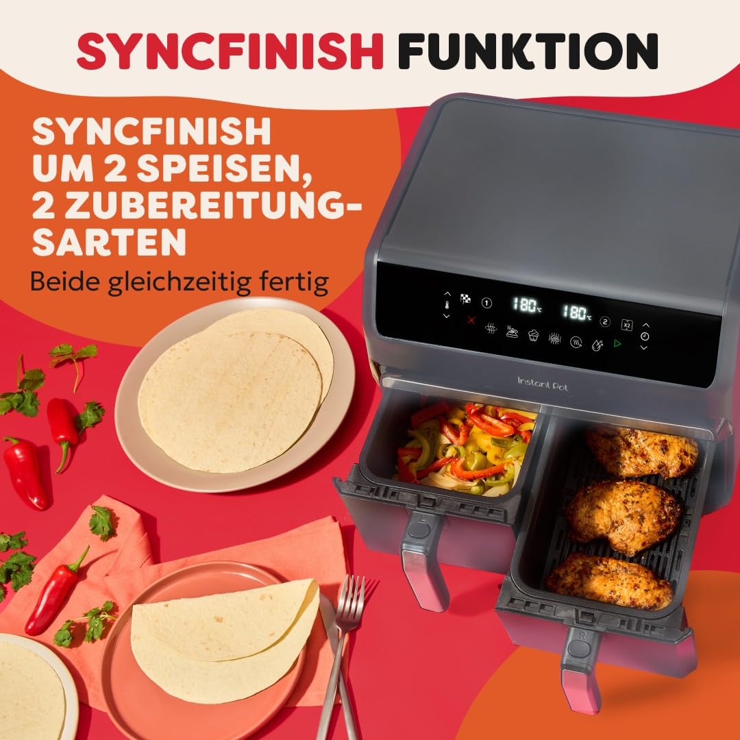 Instant Pot - Vortex Dual Trüffelgrau-Heißluftfritteuse - Groß, 8 l, Familiengröße, zweifach, doppelte 4-l-Körbe, 8 in 1 - Dörren, Grillen, Backen, Braten, Antihaftbeschichtung, Spülmaschinenfest 6