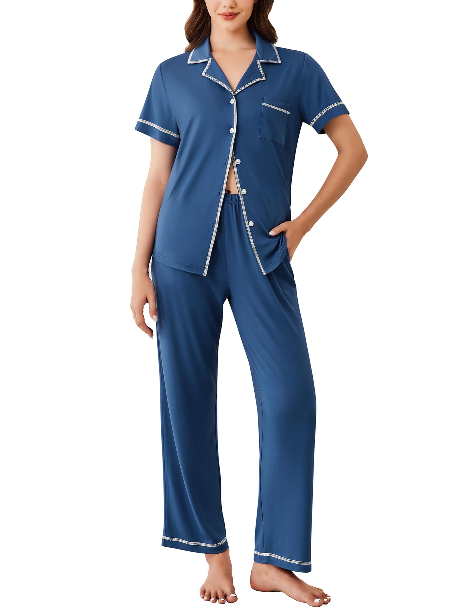 Photo 1 of *See Clerk Notes*
Ekouaer Button Up Pajamas for Women Short Sleeve with Long Pants Two-Piece Sleepwear Soft Pjs Set Dark Blue