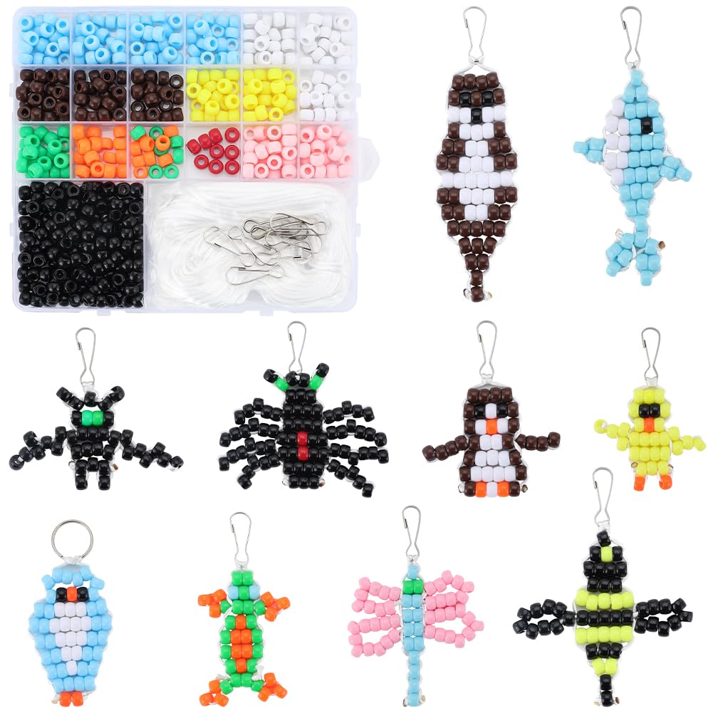 SUNNYCLUE 1 Box DIY 10 Sets Pony Beads Pets Bead Craft Kit Pony Bead Animals 8mm Opaque Colorful Beads Beading Duck Halloween Spiders Dragonfly Fish Ocean Animal Keychain Pony Beads for Crafts Adult