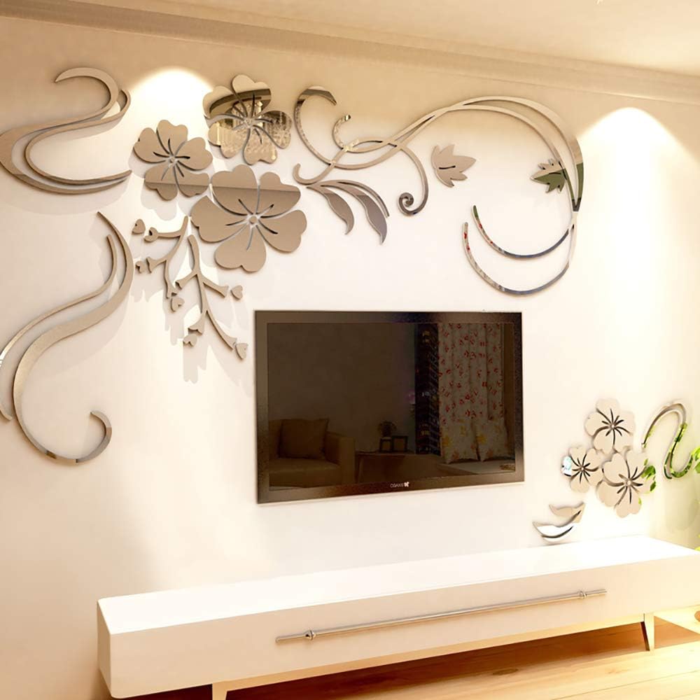 Warmcasa 3D Mirror Flower Wall Sticker Art Removable Acrylic Mural Decal Wall Sofa Home Room Decor (M, Silver Left)