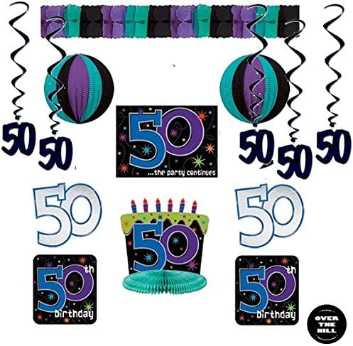 50th Birthday Party Decorations - Birthday Decorating Kit (10 pieces), 50s Black Dangling Whirls and an Over the Hill Button