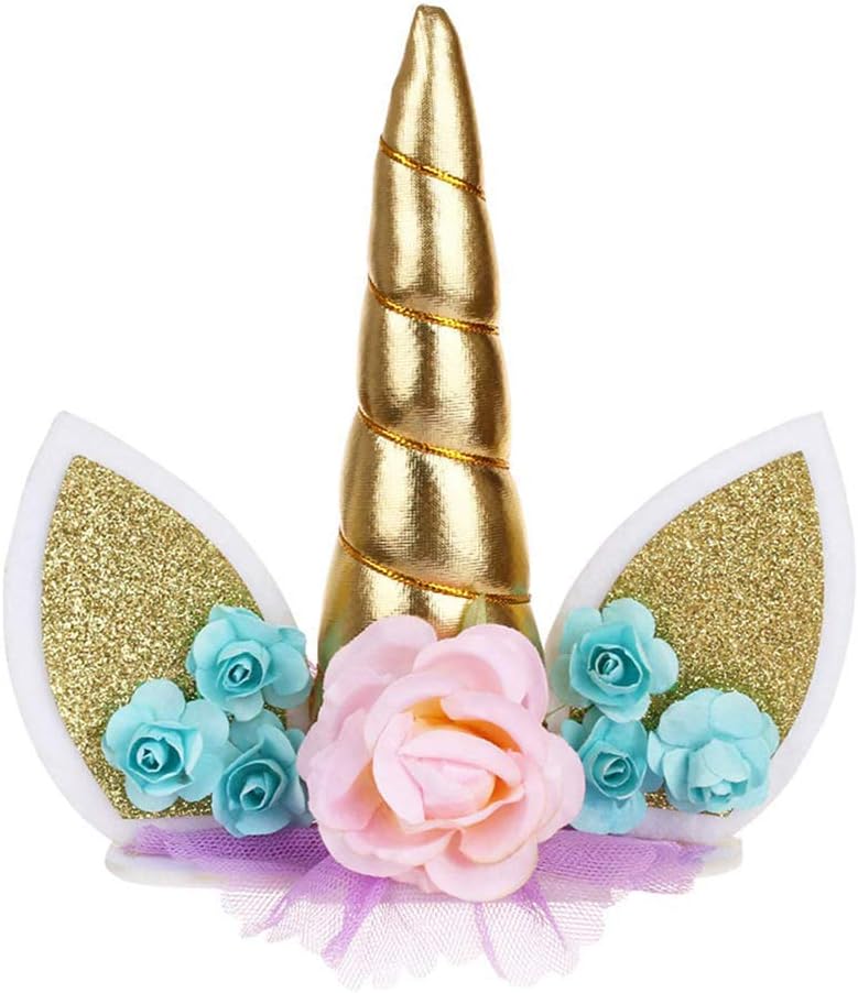 OWILL Unicorn Cake Topper with Eyelashes Party Cake Decoration Supplies for Birthday Party Wedding Baby Shower 5.8 inch (Green Flower Gold Horn) - Image 3