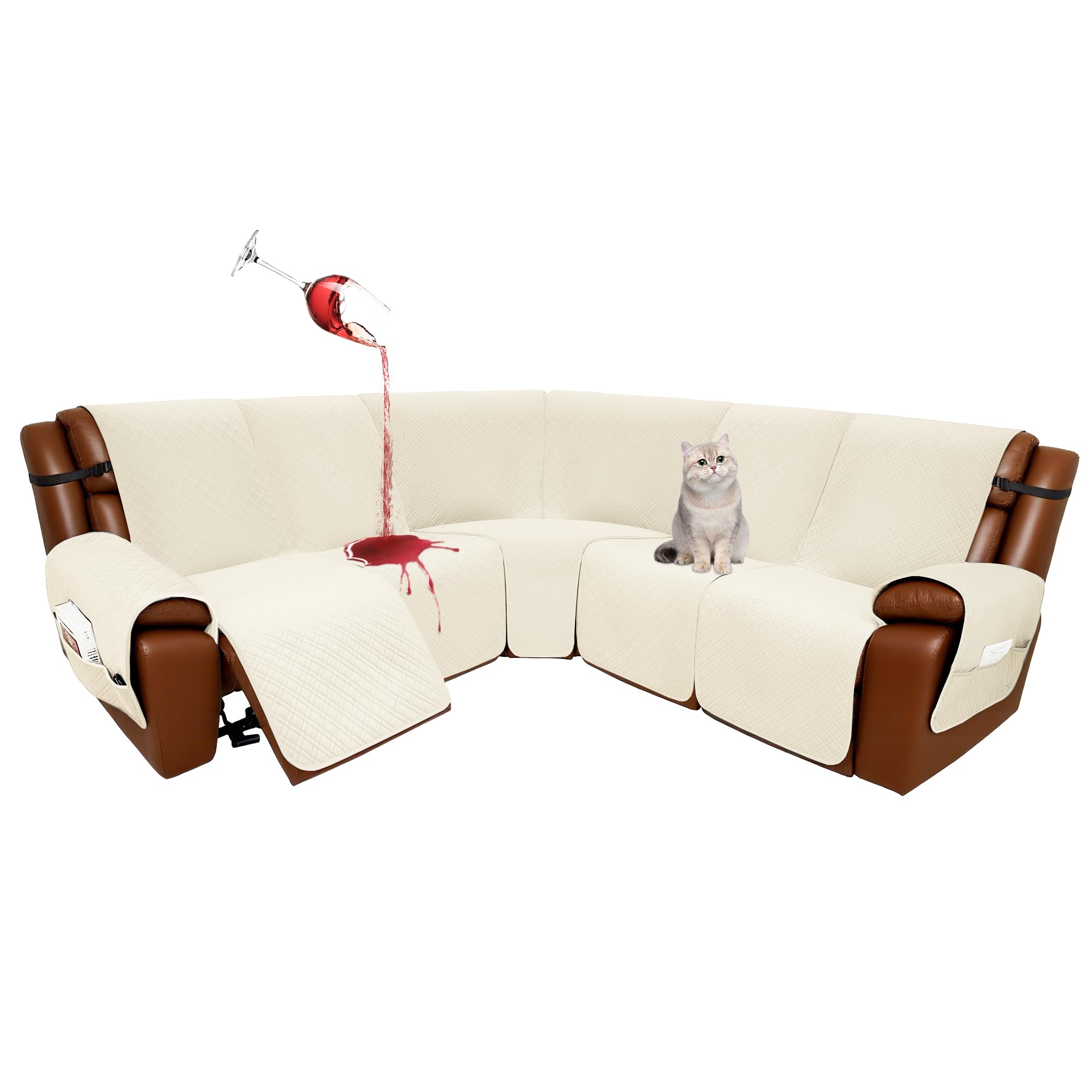 Photo 1 of YUEVELLA Velvet 1OO% Waterproof Reclining Sectional Couch Covers for Sectional Sofa L Shape 7-Piece Quilted Corner Recliner Sofa Cover Slipcovers Set Washable (5 Seater, Cream White)