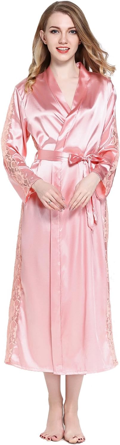 coowalk Women's Nightgown Long Kimono Robe, Solid Color Pink