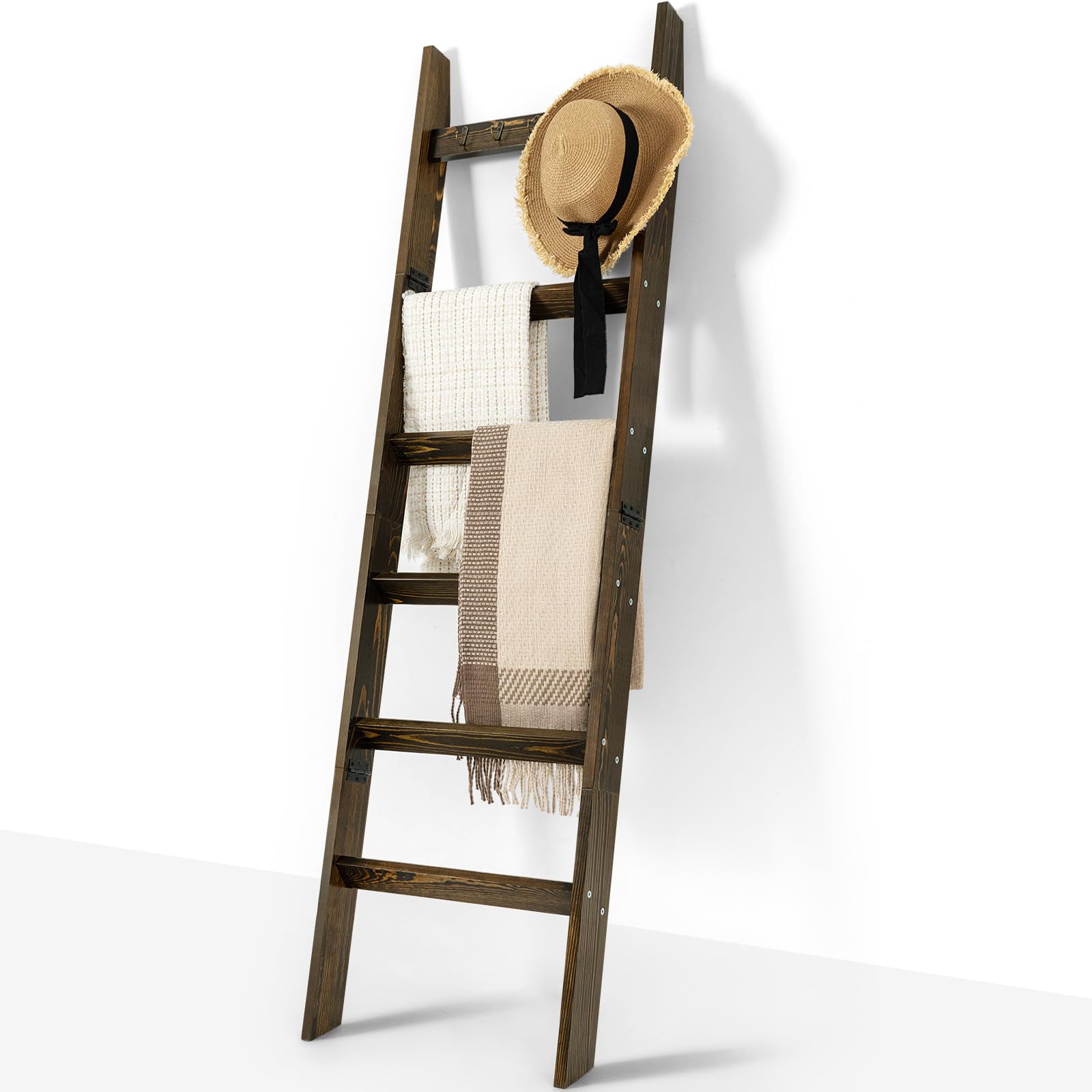 Photo 1 of TEAKMAMA 6-Tier Blanket Ladder for Living Room and Bedroom,5.4 Ft Wall Leaning Quilt Rack with Hooks,Rustic Decorative Farmhouse Blanket Storage,Stylish Ladder Holder,Easy to Assemble,Rustic Brown