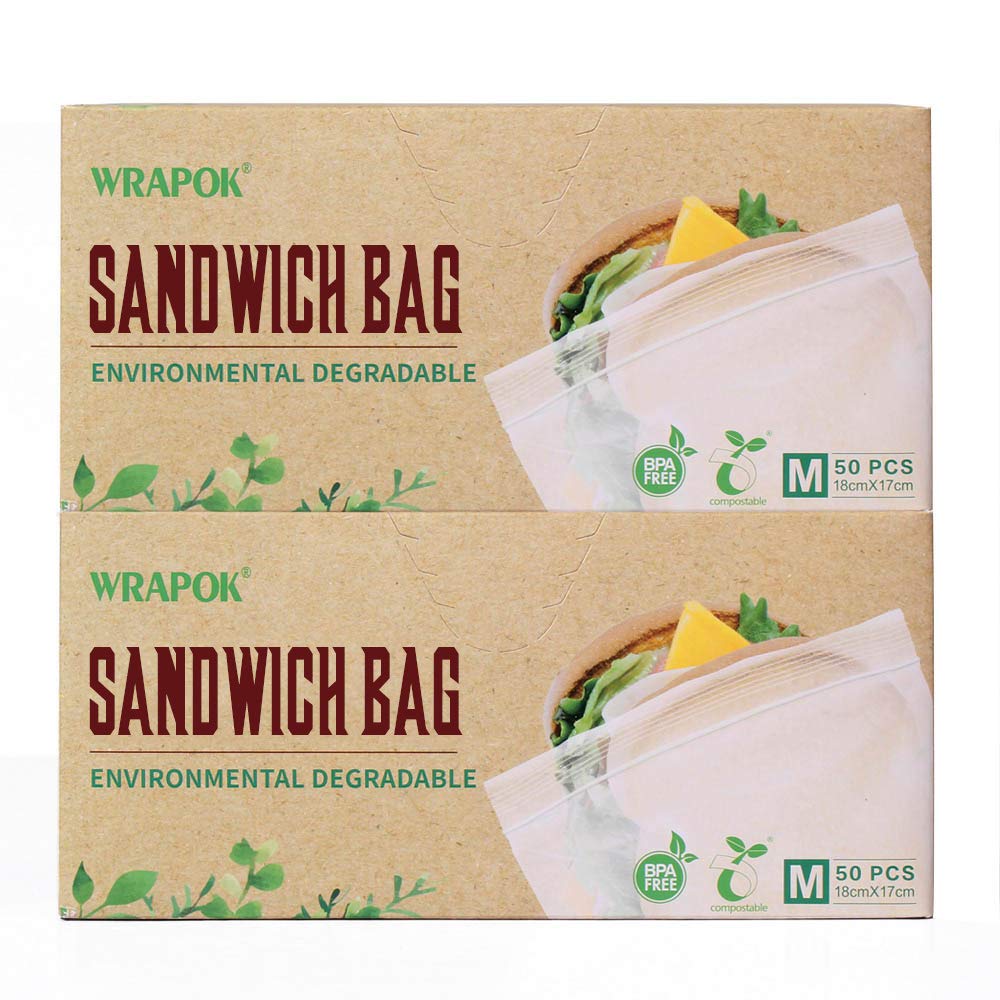 WRAPOK 100% Compostable Sandwich Freezer Bags Small Biodegradable Ziplock Bag for School or Work, 100 Count