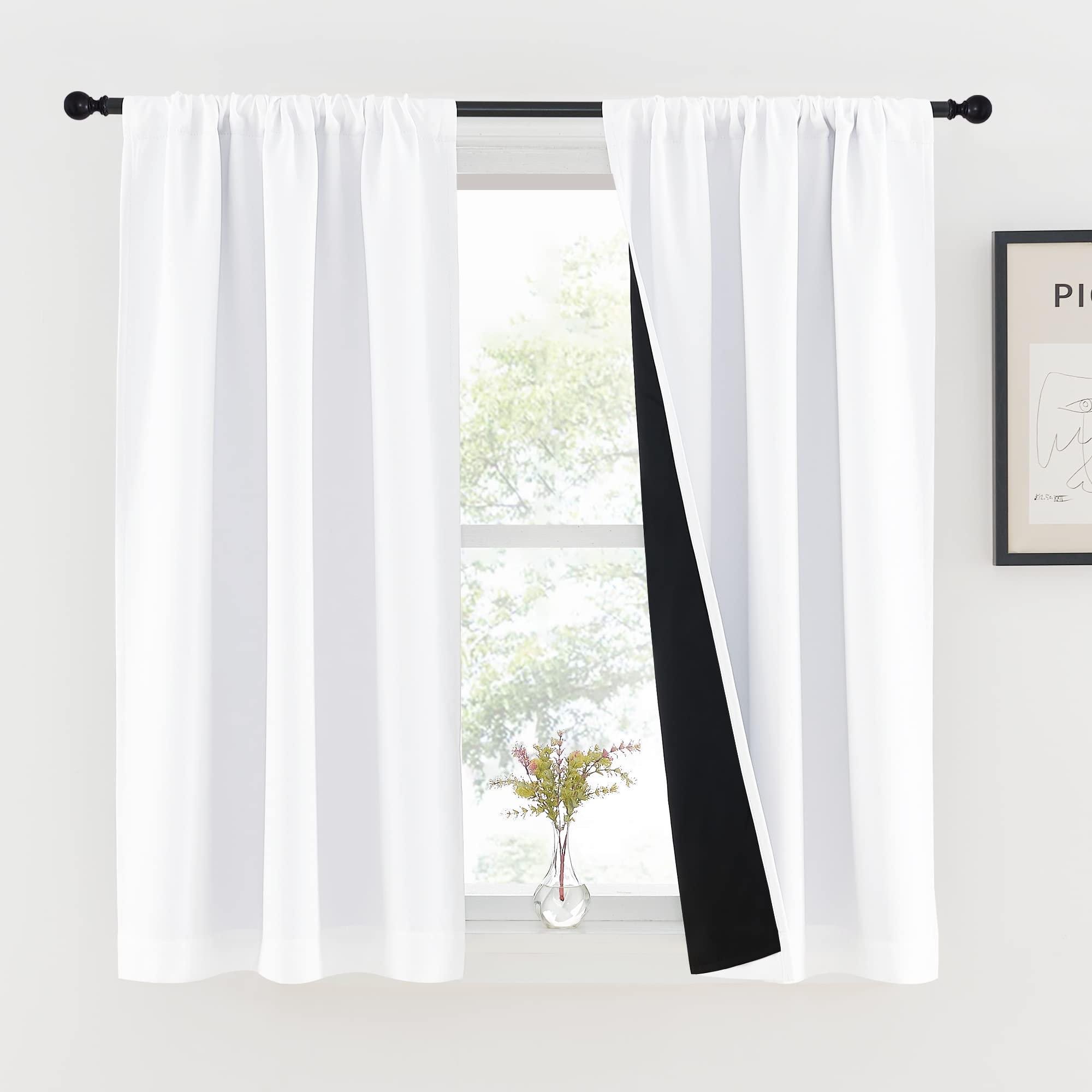 Photo 1 of NICETOWN 100% Blackout Kitchen Curtains 54 inches Long, Completely Blackout Window Treatment Thermal Insulated Lined Rod Pocket Drapes for Infant (White, 1 Pair, 37 inches Width Each Panel)