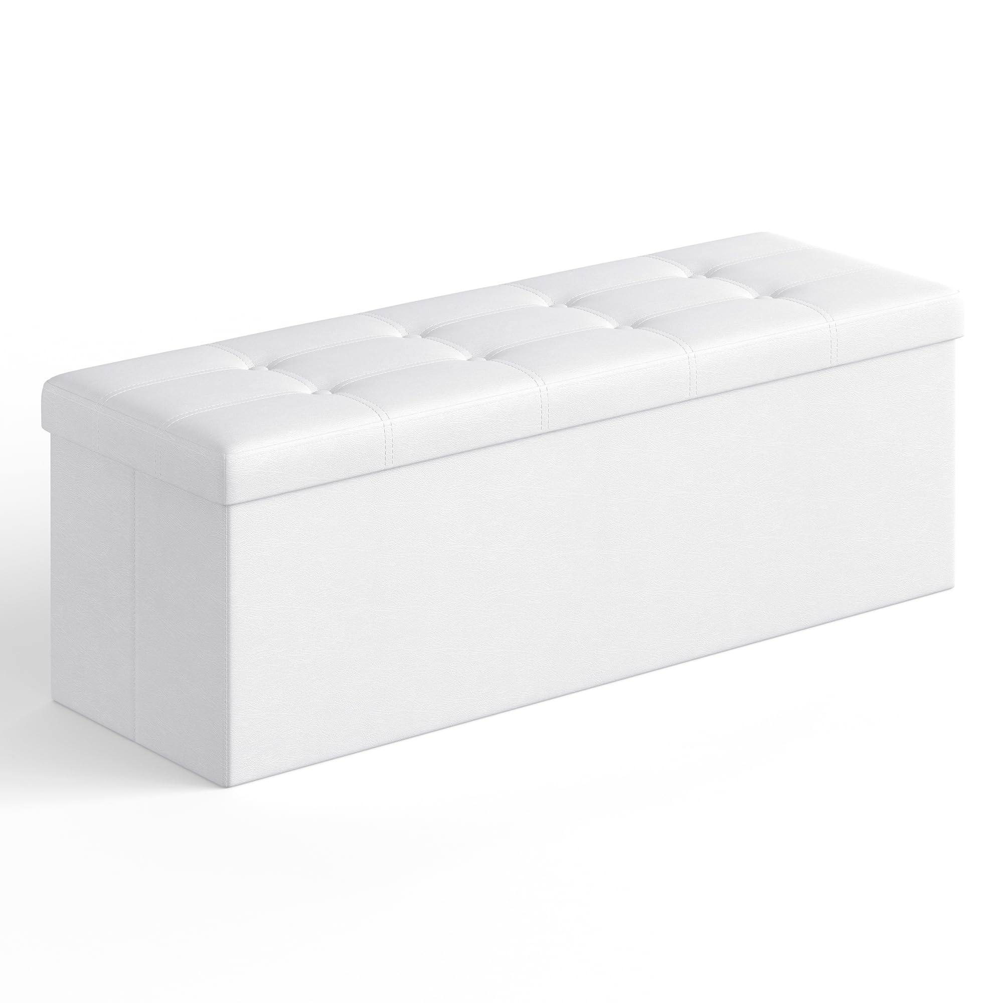 SONGMICS Storage Ottoman, Foldable Small Ottoman Foot Rest, 38 x 110 x 38 cm, Cube Ottoman with Storage, Load up to 300 kg, for Living Room, Bedroom, Entryway, Cloud White LSF89WT