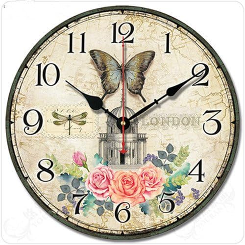 12" Retro Vintage Rose and Butterfly Garden Country Style Non-Ticking Silent Wooden Wall Clock Art Decoration.