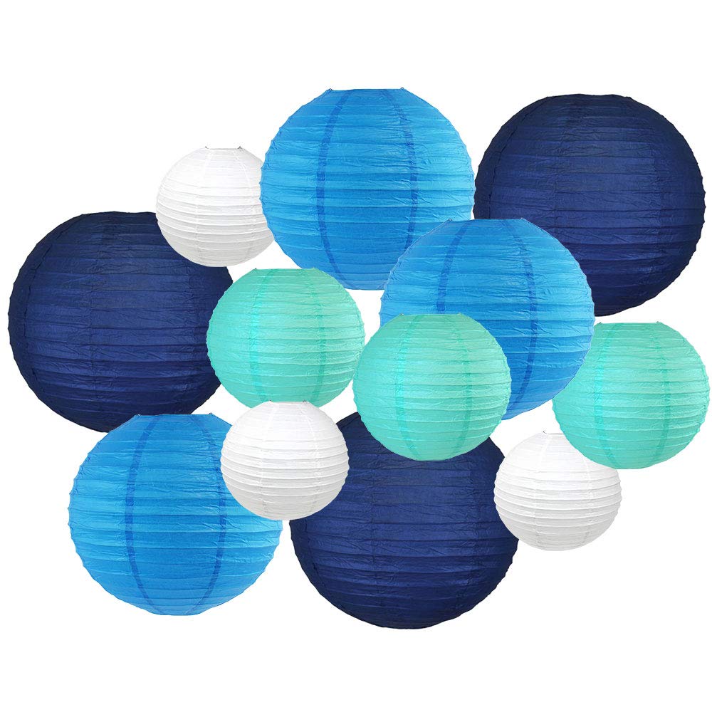 Just Artifacts Decorative Round Chinese Paper Lanterns 12pcs Assorted Sizes & Colors (Color: Blue/White)